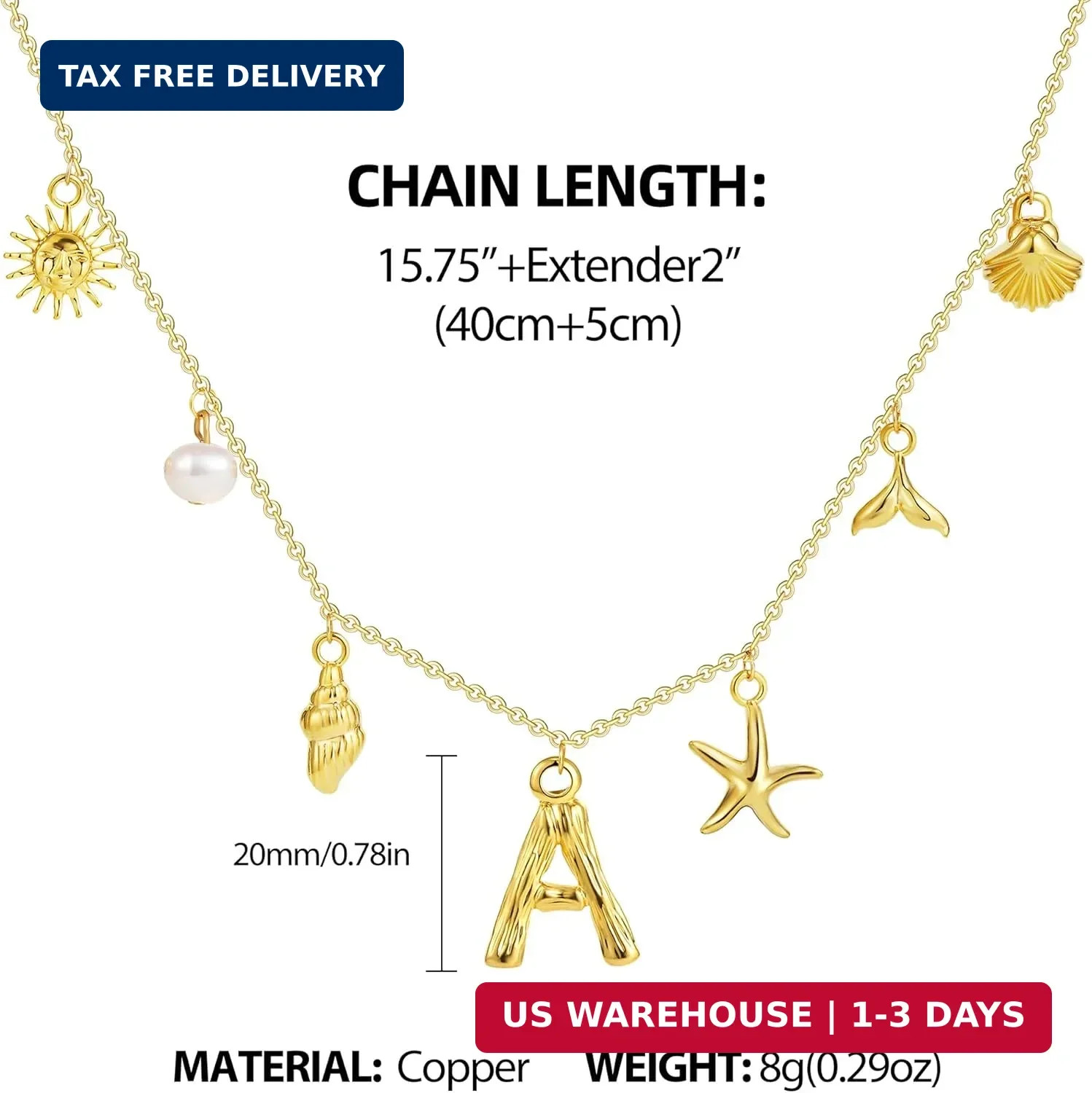 SLOONG Initial Charm Necklace for Women, Beach Pendant 14K Gold Plated Letter Ne