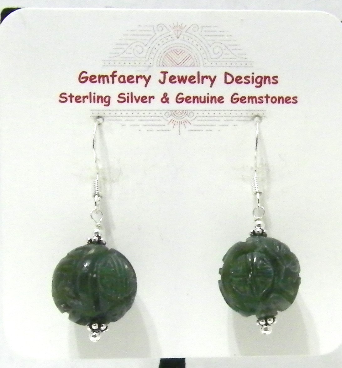 Sterling Silver Carved Natural NEPHRITE JADE Dangle Earrings #31…Handmade USA