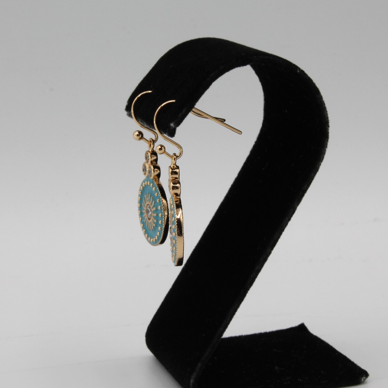 18ct Gold Plated Dangle Ligh Blue Round Hook Earrings With White CZ Non Allergic