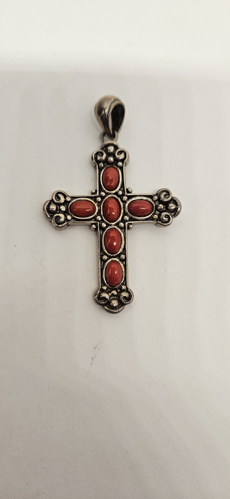 GSJ CN 925 Cross Pendant Coral Stones Sterling Silver Navajo Style