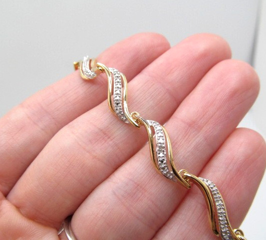 925 Sterling Silver Yellow Gold Wash Diamond Curved Tennis Bracelet 7.25 In