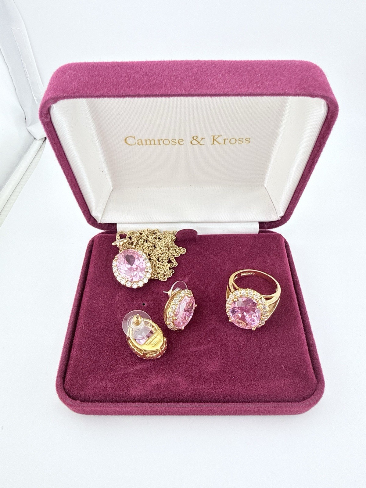CAMROSE & KROSS JBK GOLDTONE LAB KUNZITE OVAL EARRINGS NECKLACE & RING K201E