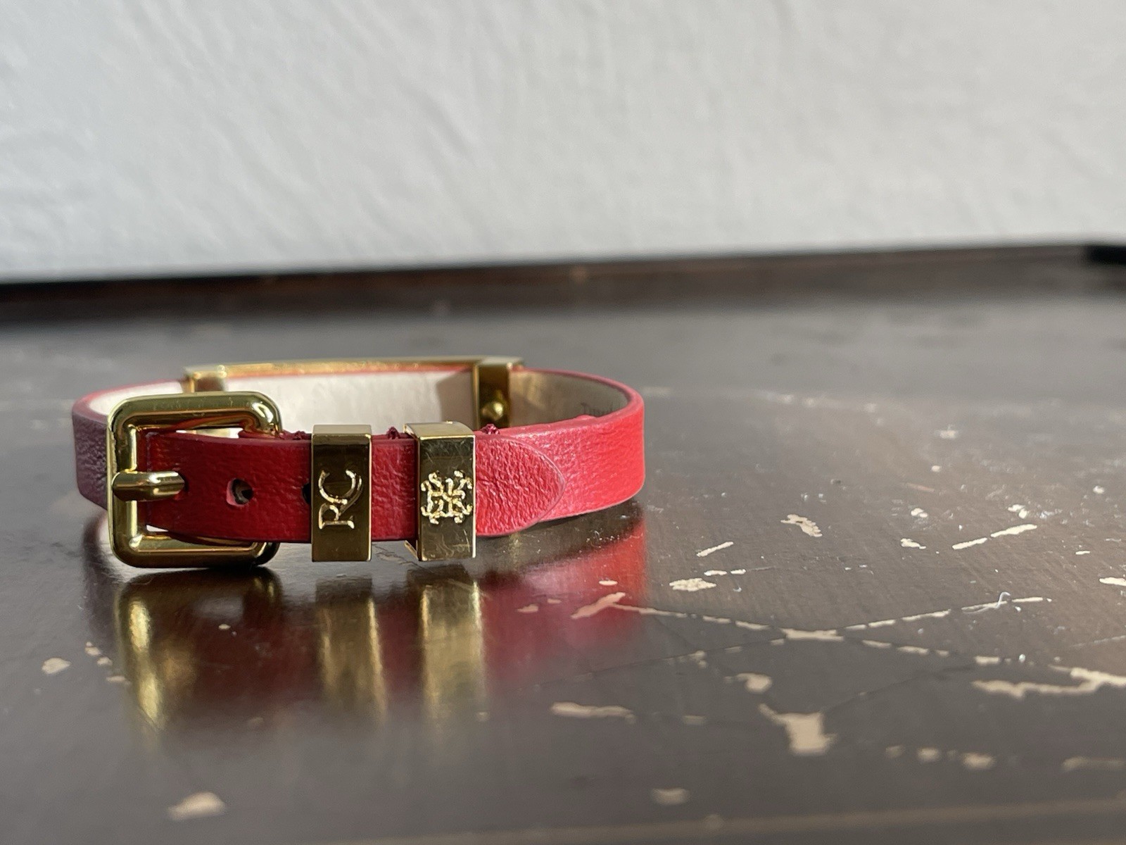 Patriotic Rustic Cuff Betsy Red Leather Bracelet w/ Gold Tone Buckle