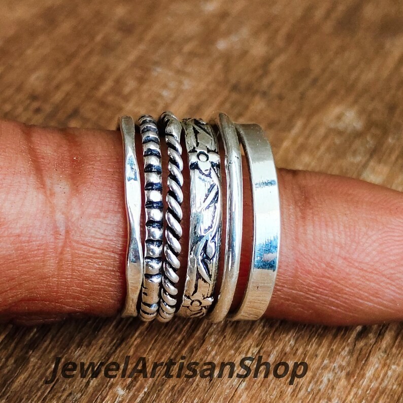 Stackable 925 Sterling Silver 6 Rings Set-Assorted Patterns-Minimalist Silver