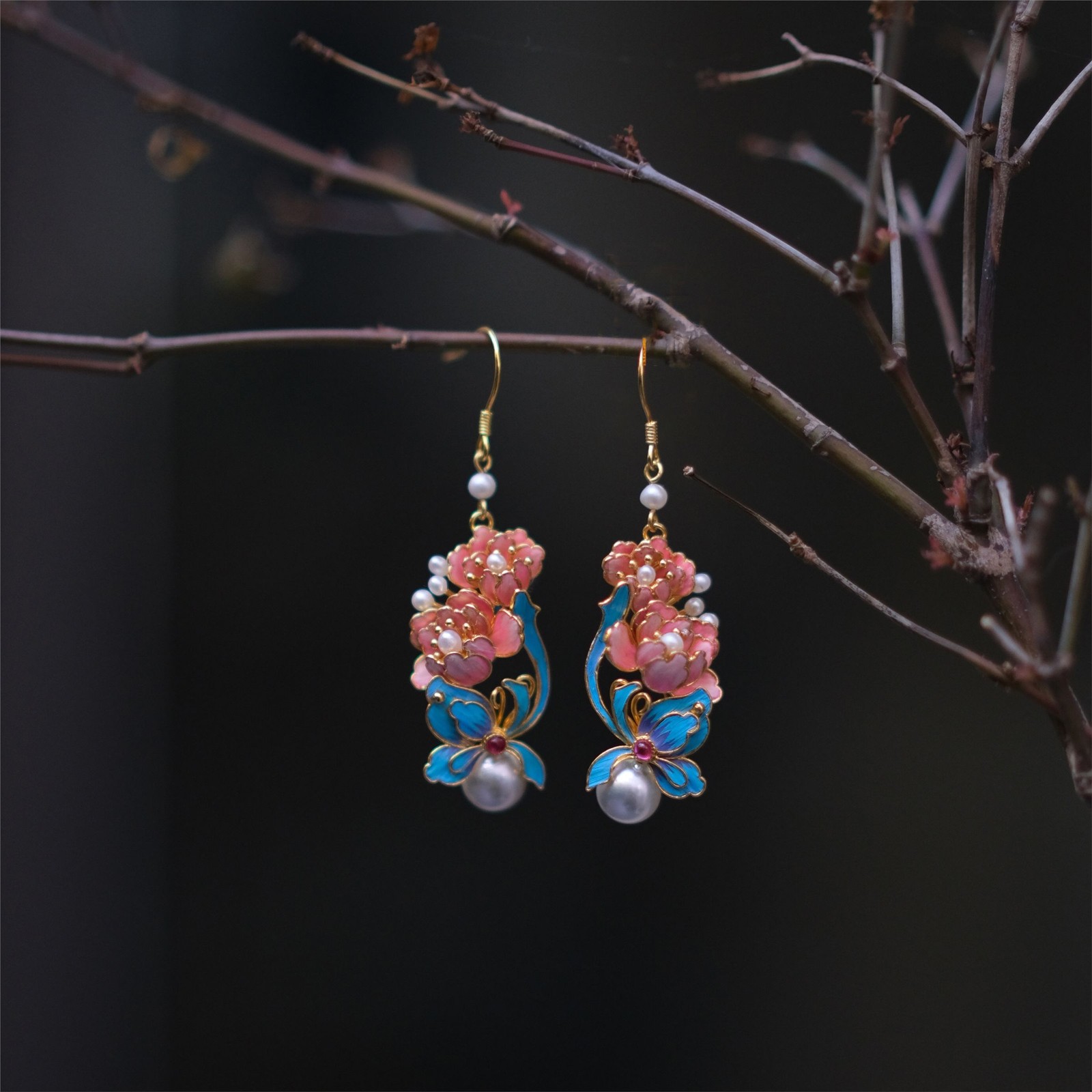 New Chinese Butterfly Peony Gold Plated Long Dangle Earrings