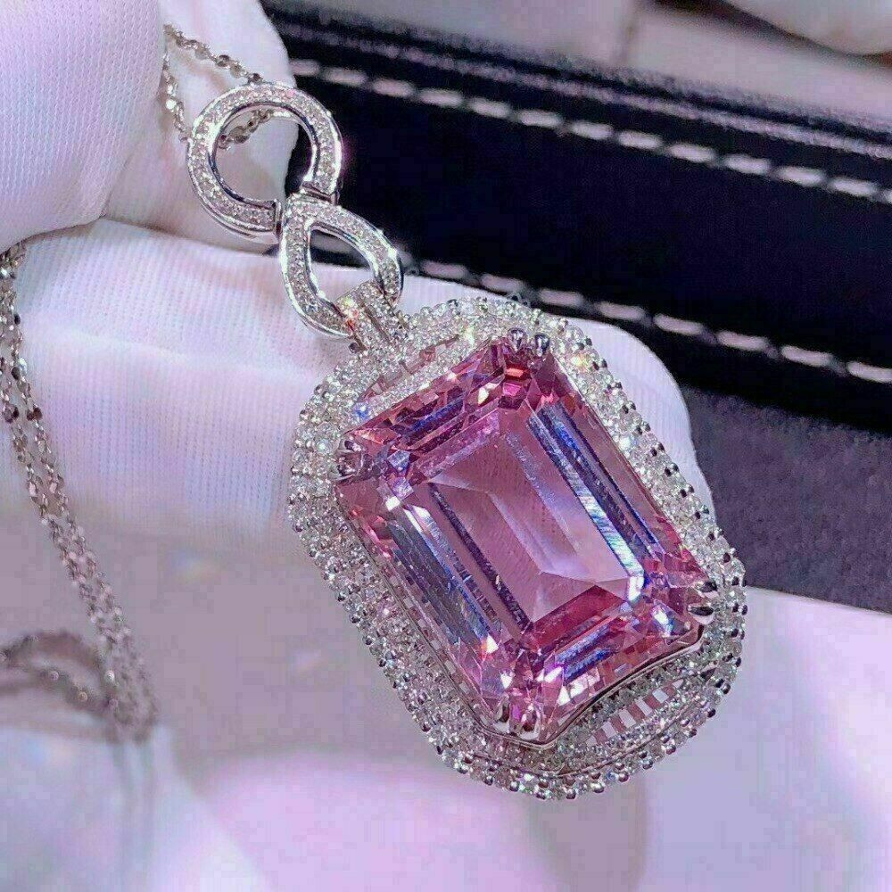 3Ct Emerald Cut Pink Sapphire Women’s Pendant 14K White Gold Over Free Chain