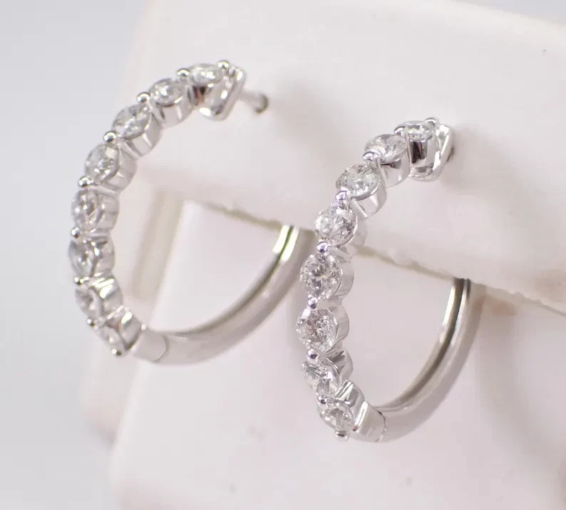 1.60Ct Round Cut Real Moissanite Huggie Hoop Earrings 14k White Gold Plated