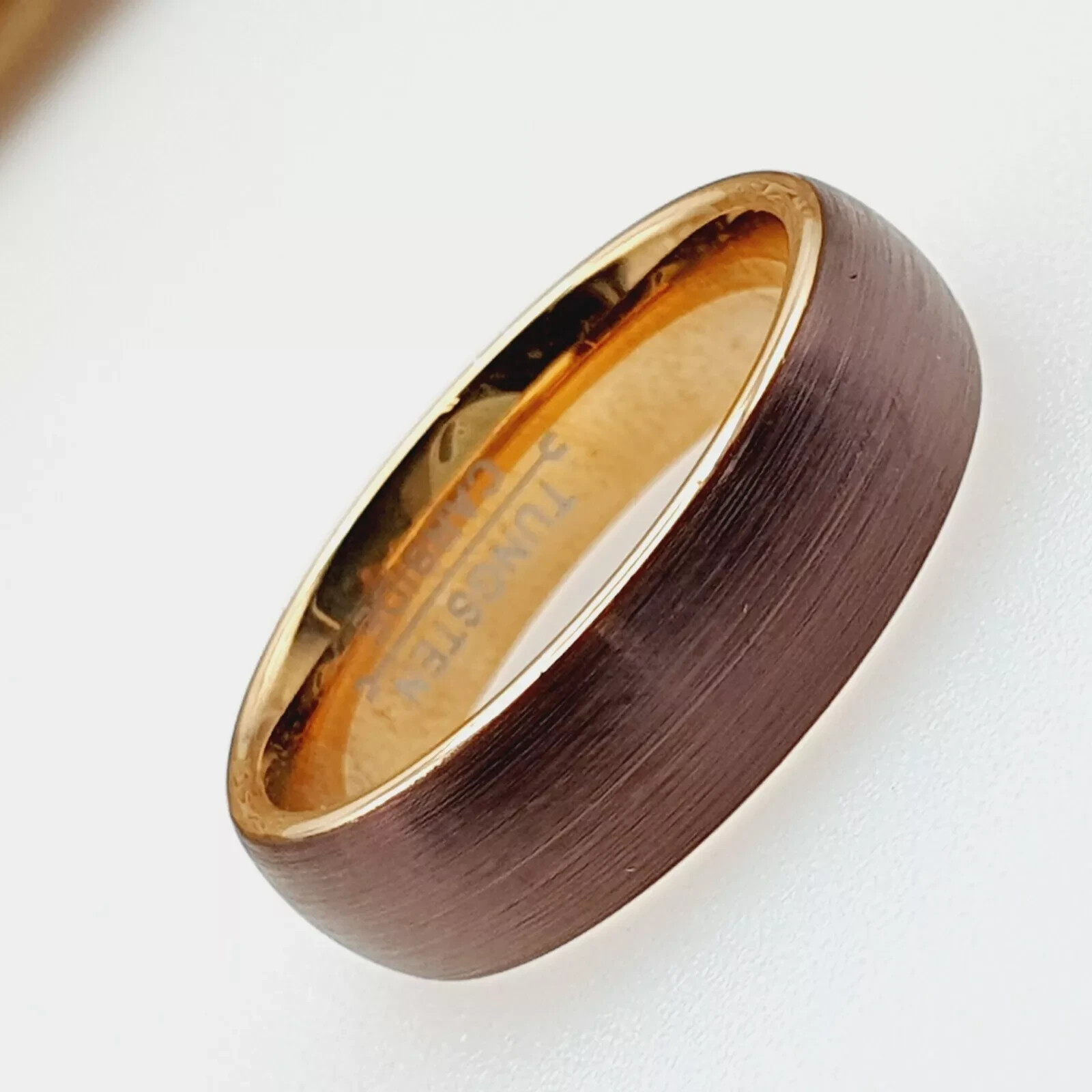 Brown & Rose Gold Tungsten Wedding Promise Rings Unique Brushed Matte Outside