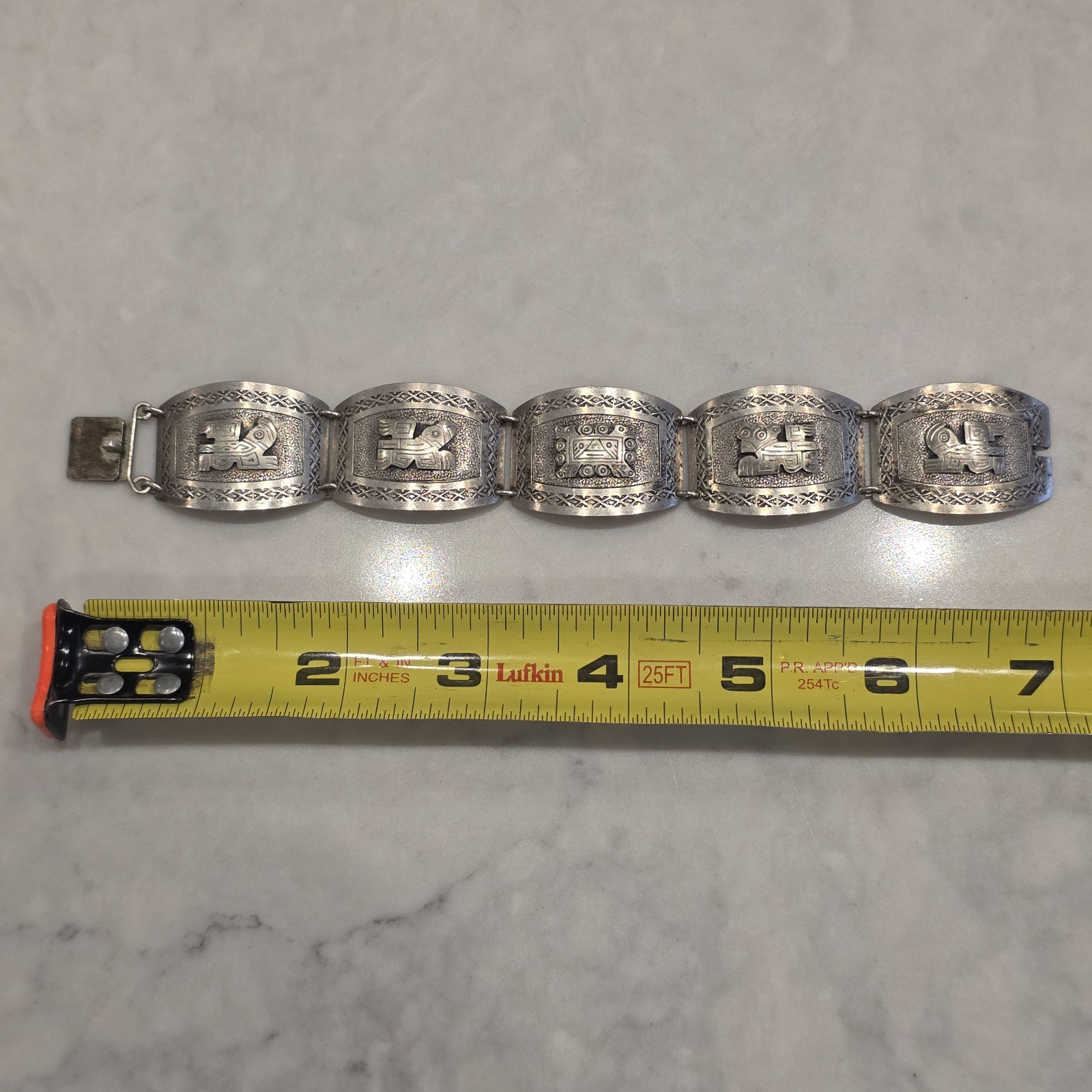 Vintage Peruvian Silver Tone Storyteller Engraved Panel Bracelet – 7 inch