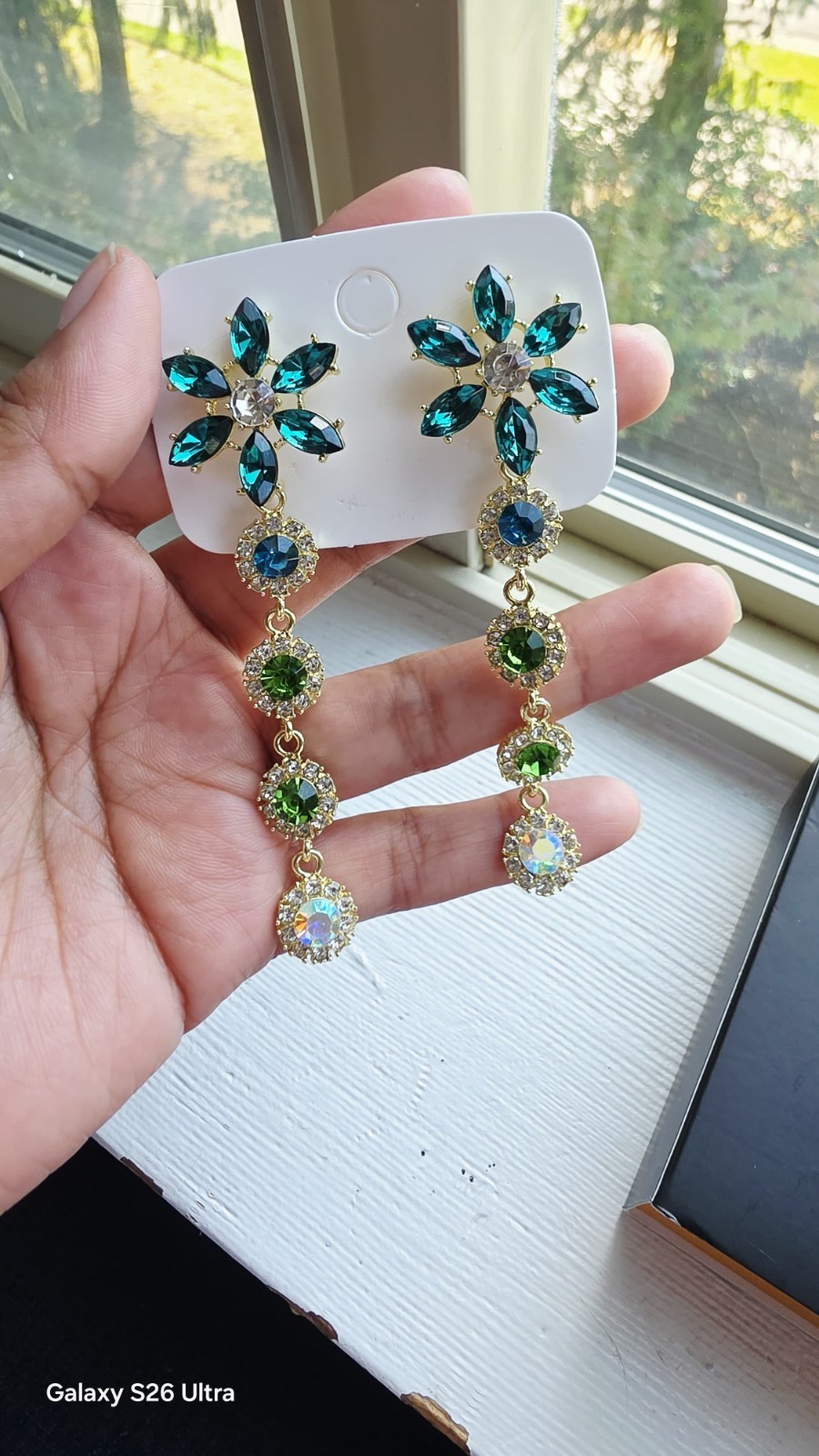 Blue and green crystal flower pendants in gold tone, 14k gold plated