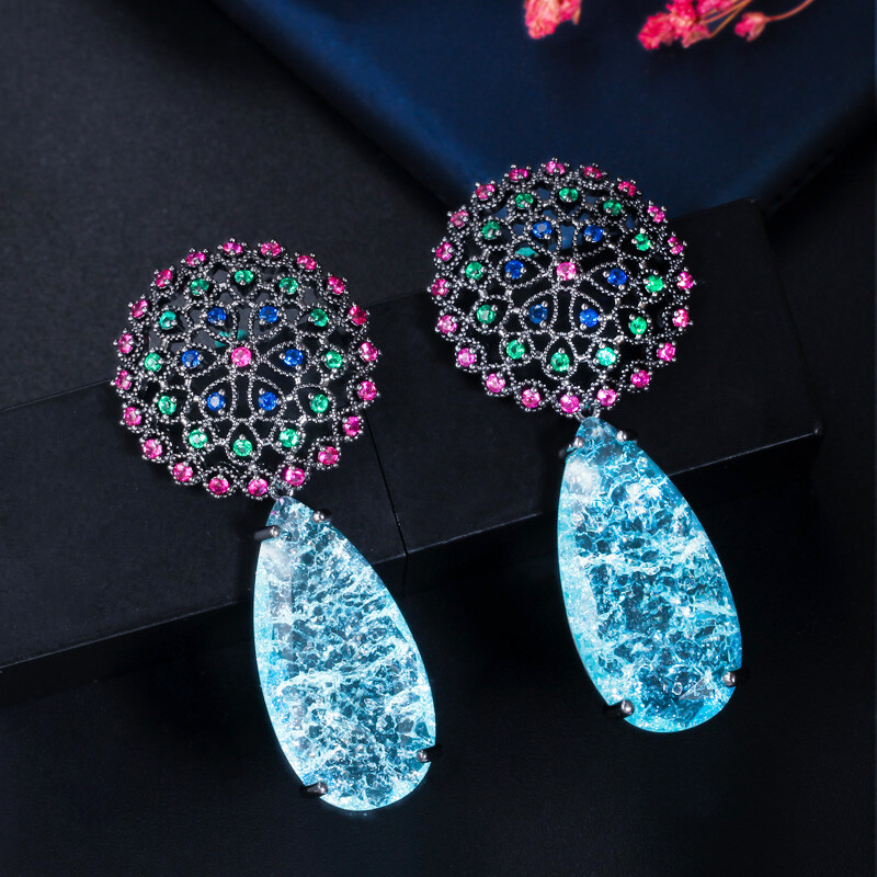 Ethnic Black Gold Plated Long Big Blue Water Drop Zircon Crystal Dangle Earrings
