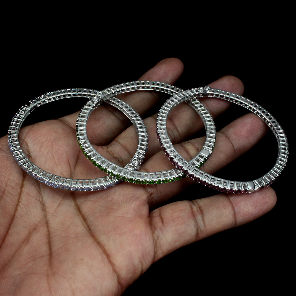 Round 2.5mm Rhodolite Chrome Diopside Tanzanite 925 Sterling Silver Bangle
