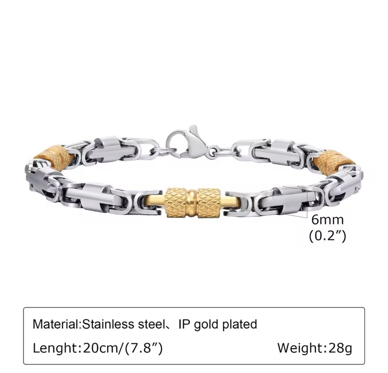 Men’s Byzantine Bracelet, Stainless Steel, Silver/Gold Color, 6mm/20cm