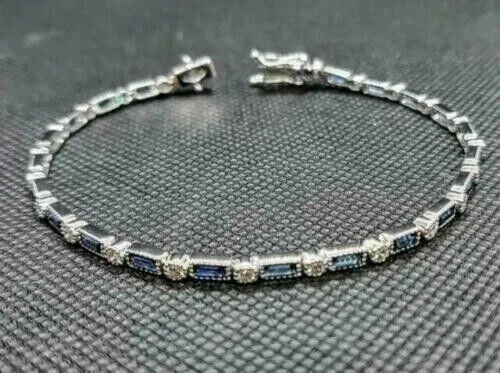 Blue Sapphire & Round Diamond Lab Created Tennis Bracelet 14K White Gold Plated