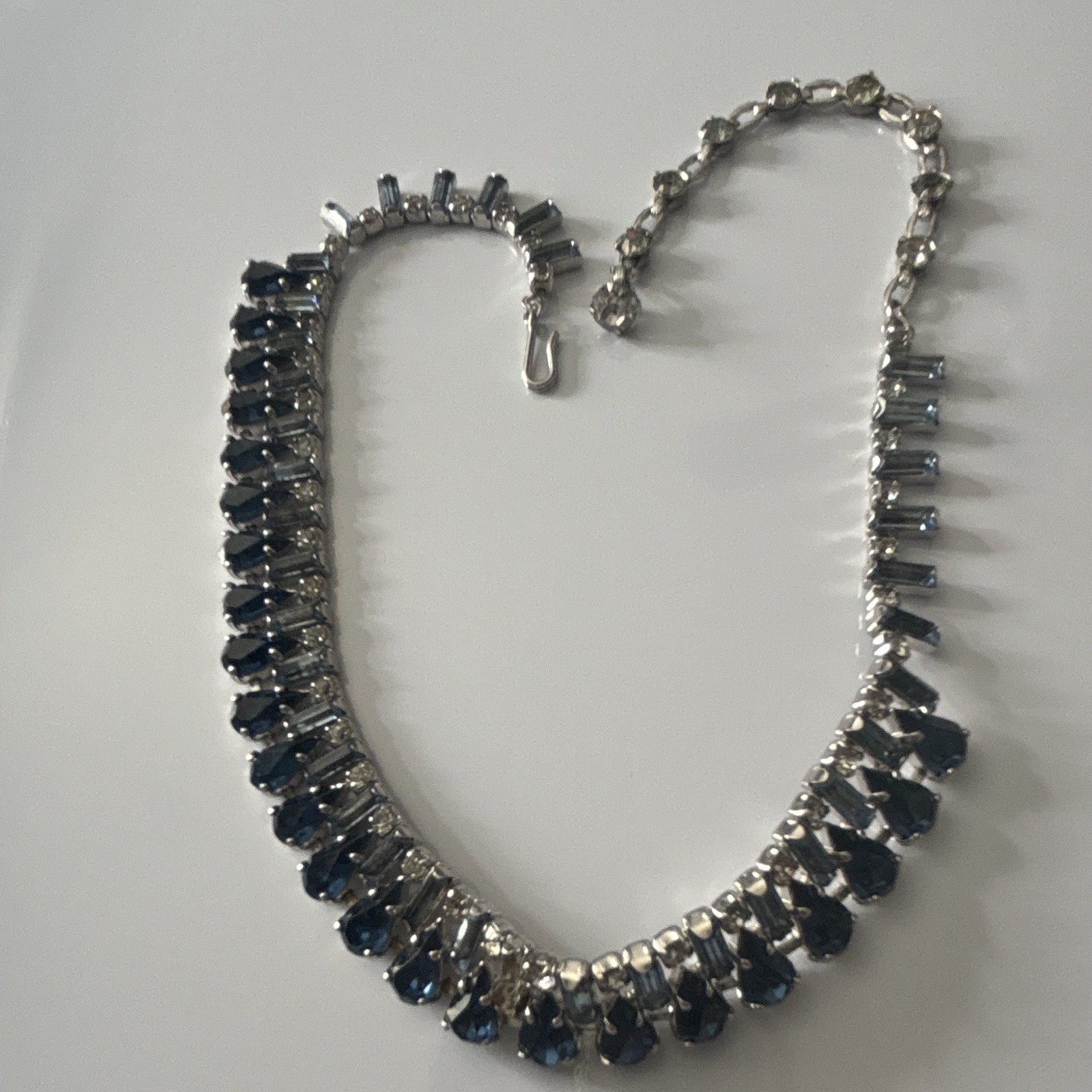 Silver Tone Blue Crystal Rhinestone Tennis Necklace Lobster Adjustable