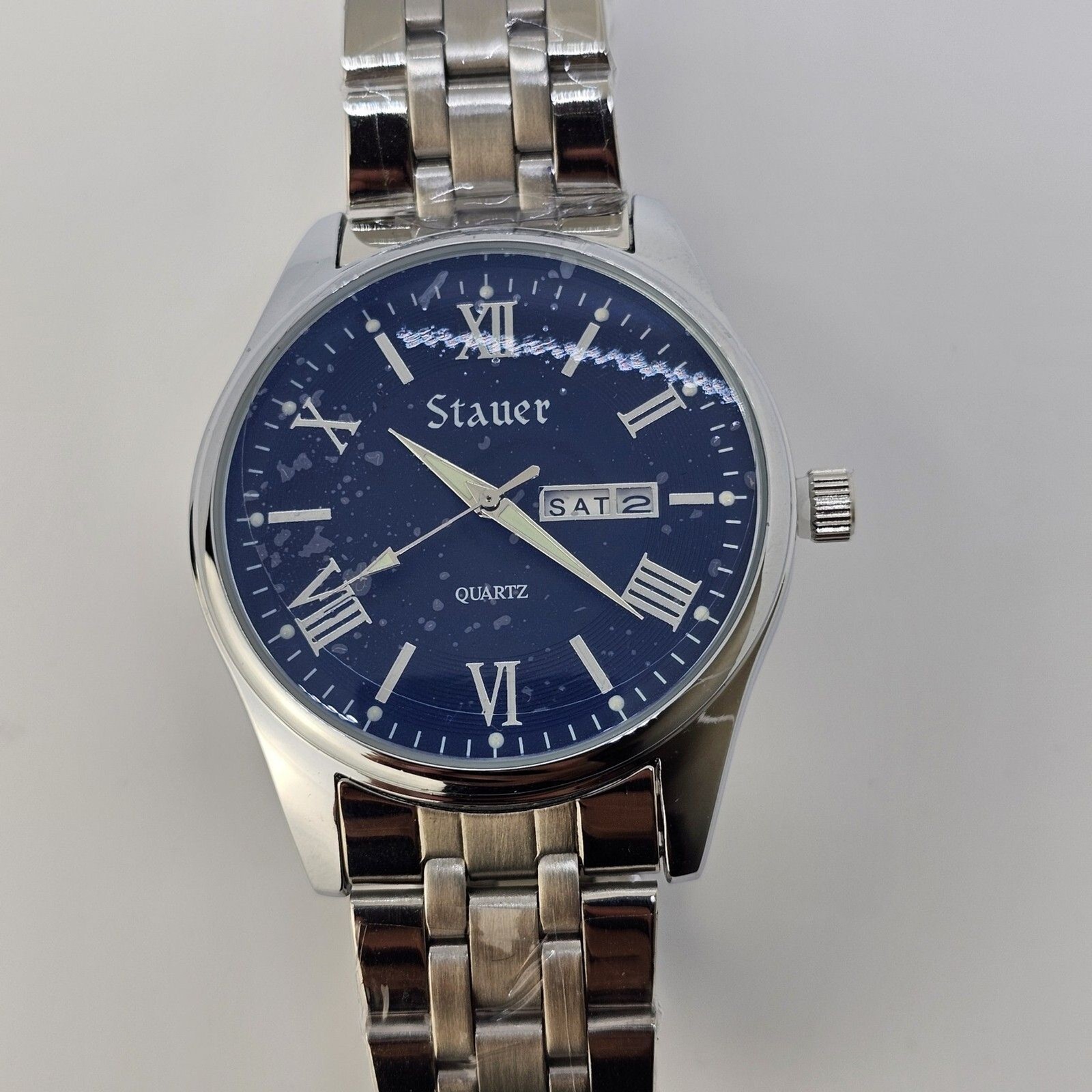 Stauer Men’s Watch 40MM Roman Numerals Blue Dial Day Date Gray Bracelet Band 8″