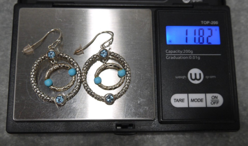 MICHAEL DAWKINS 925 silver earrings with turquois & blue topaz 11.82g NEVER WORN