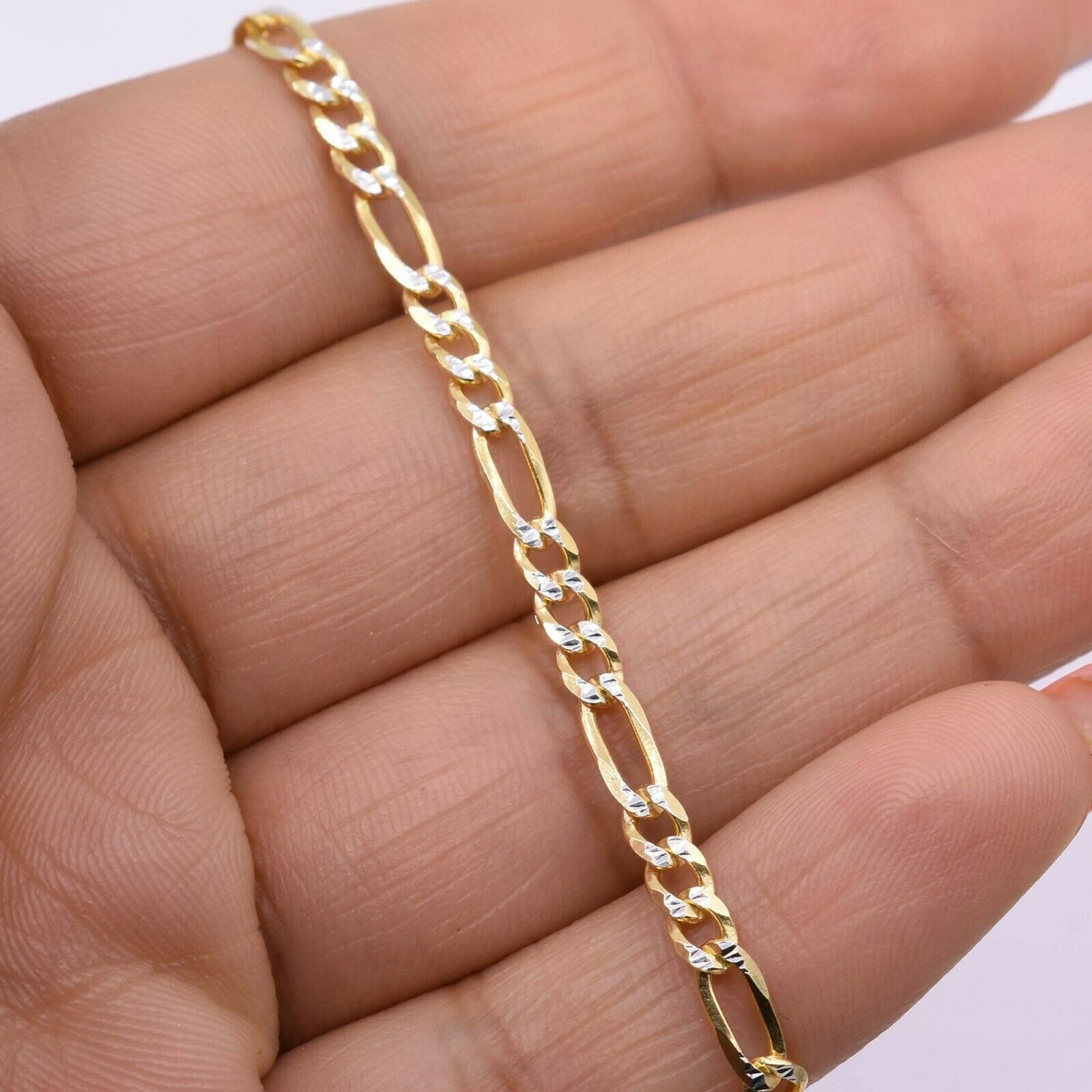 3.5mm Two-Tone Figaro Pave Link Chain Anklet 14K Yellow Gold-Plated Silver 925
