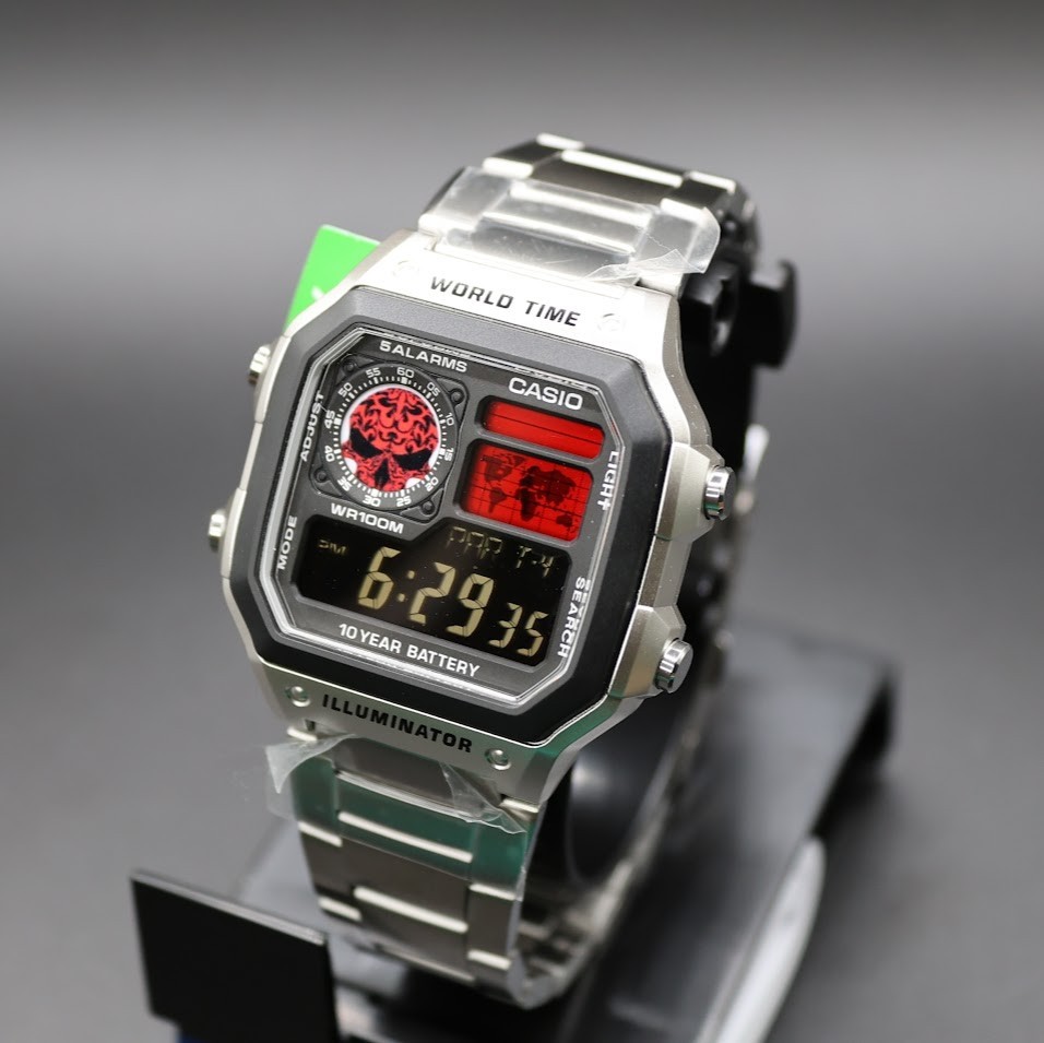 CASIO AE-1200WHD. Royale World Time Watch Mod. Negative Display – Red Skull Dial
