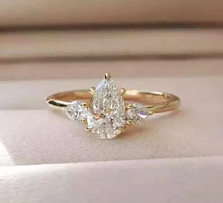 Three Stone Promise Ring 2CT Pear Cut Simulated Diamond 14K Yellow Gold Plated
