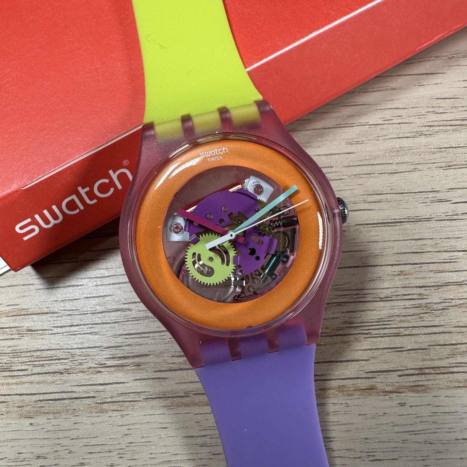 NEW✅ Swatch Dip In Color Orange Skeleton Dial Yellow and Purple Silicone Watch