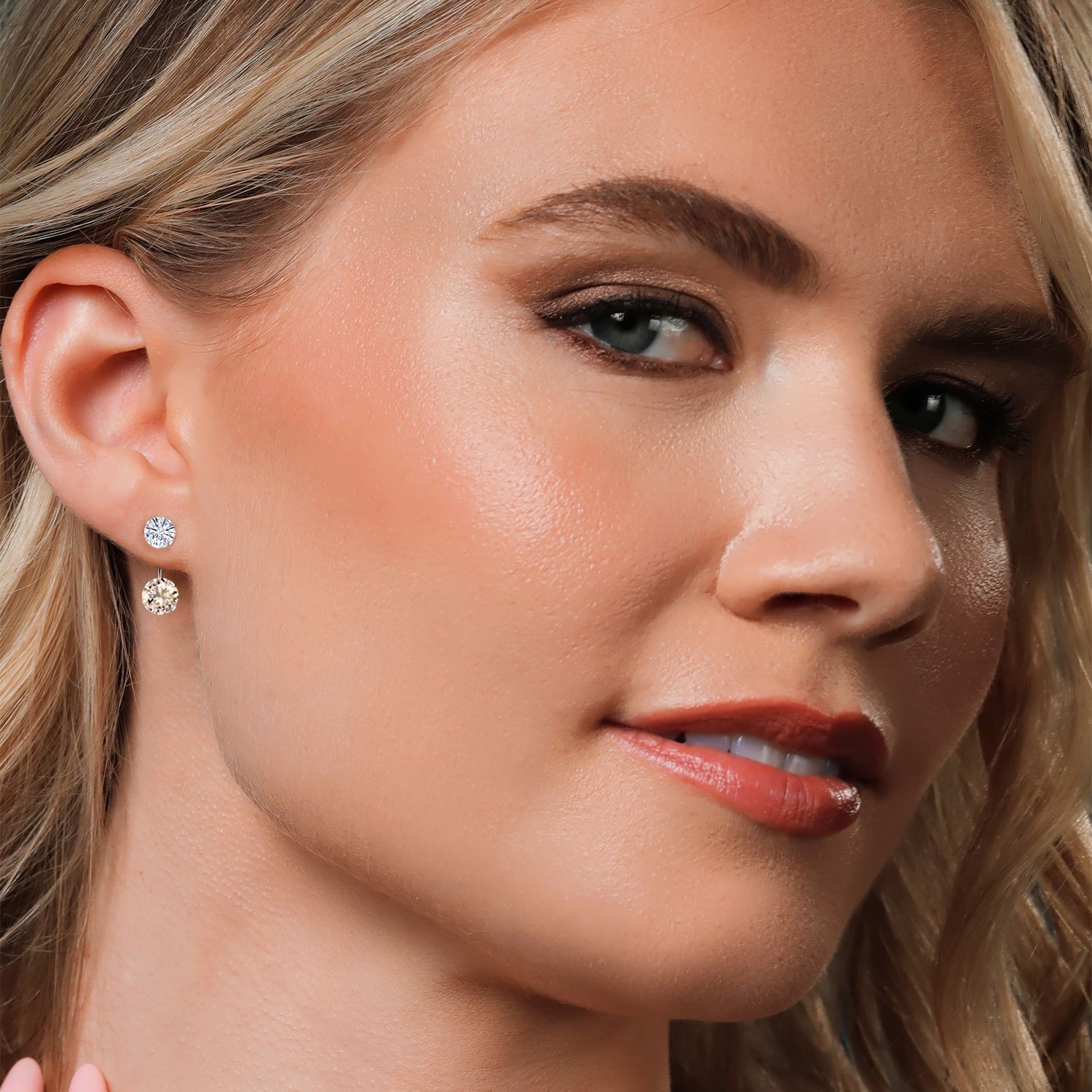 14K White Gold Peach Morganite and White Moissanite Stud Earrings for Women |