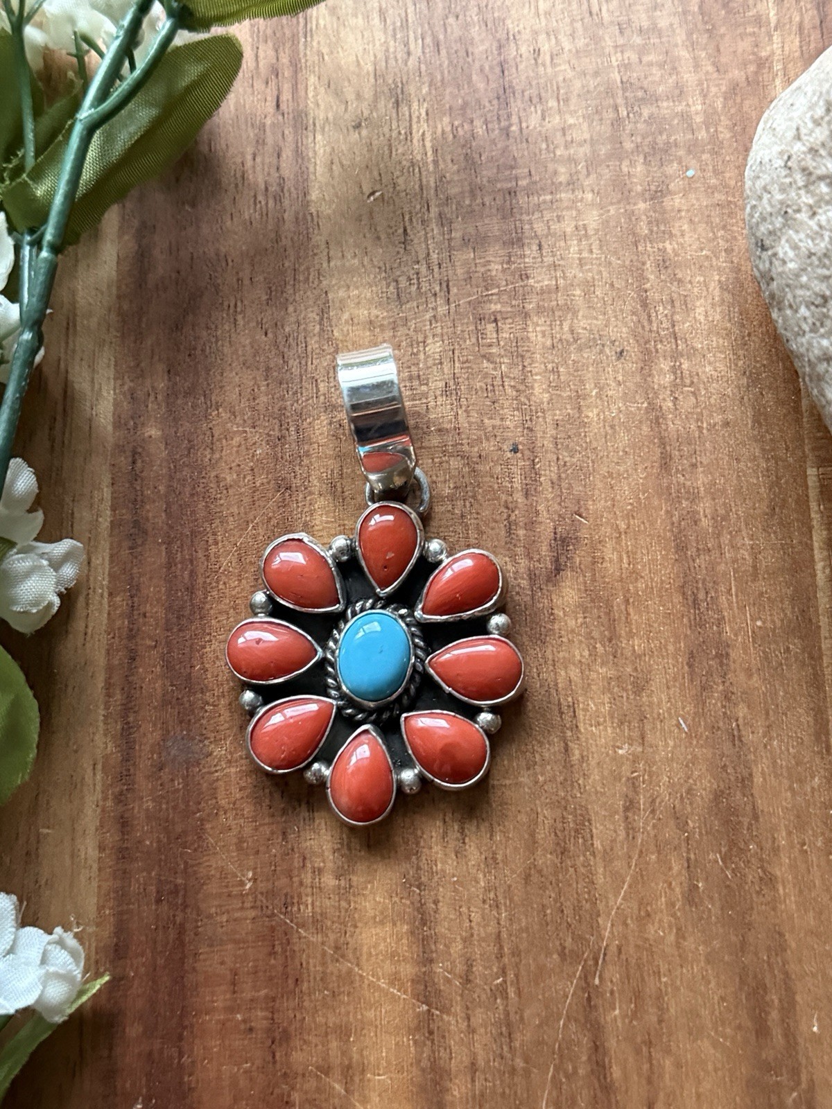 Navajo Sterling Silver Red Coral Turquoise Cluster Pendant LY
