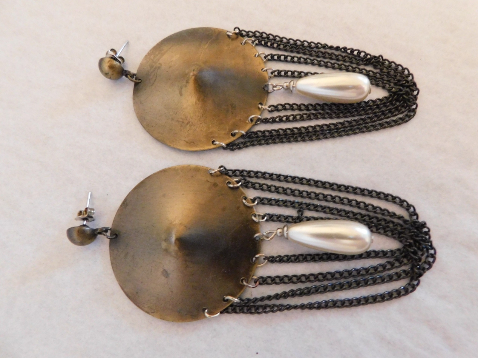 Large Dangle Earrings – Copper/Brass Color Disc / Chain / Bead – Pierced (#E191)