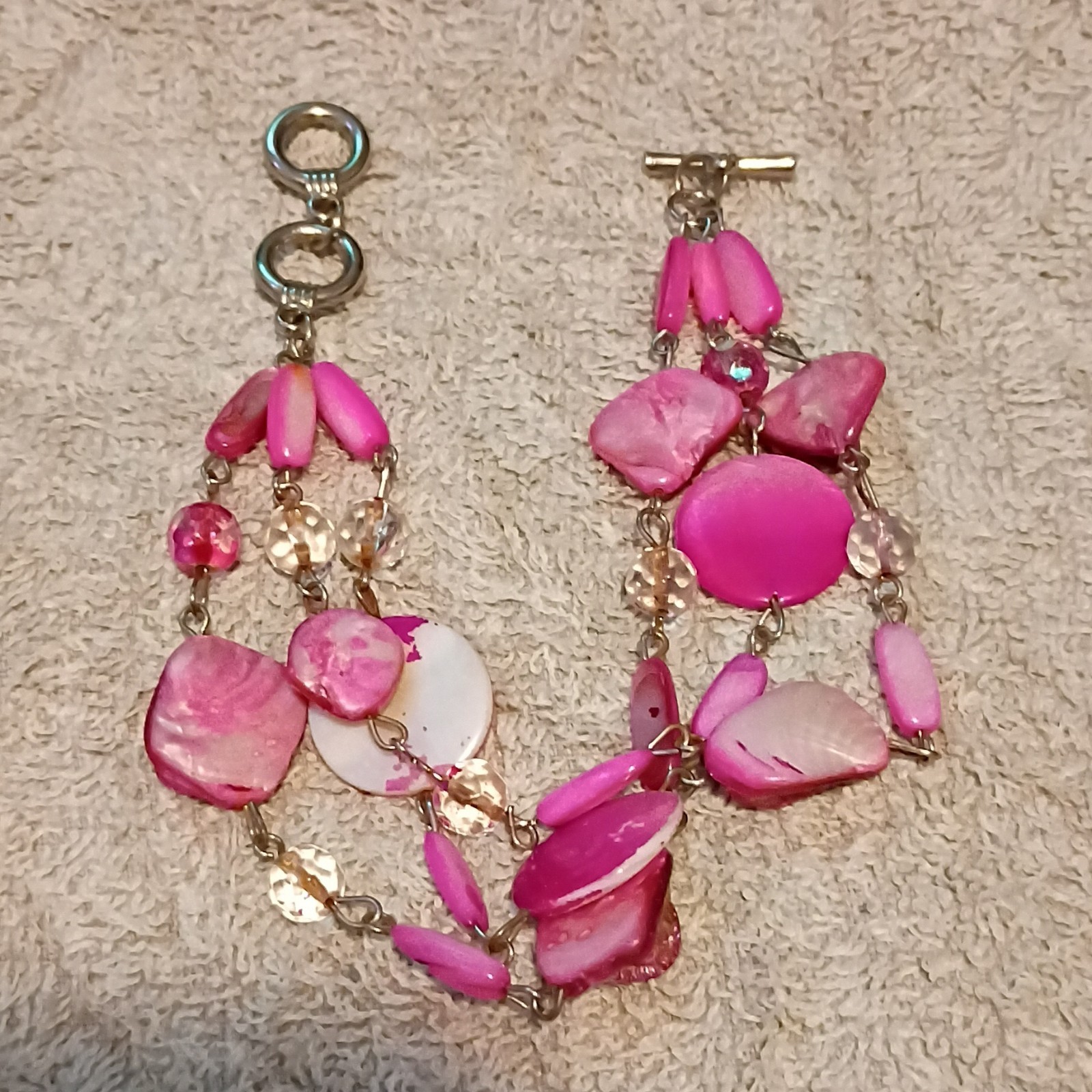 Pink Beaded Charm Bracelet Shell Glass Round Beads Toggle Clasp
