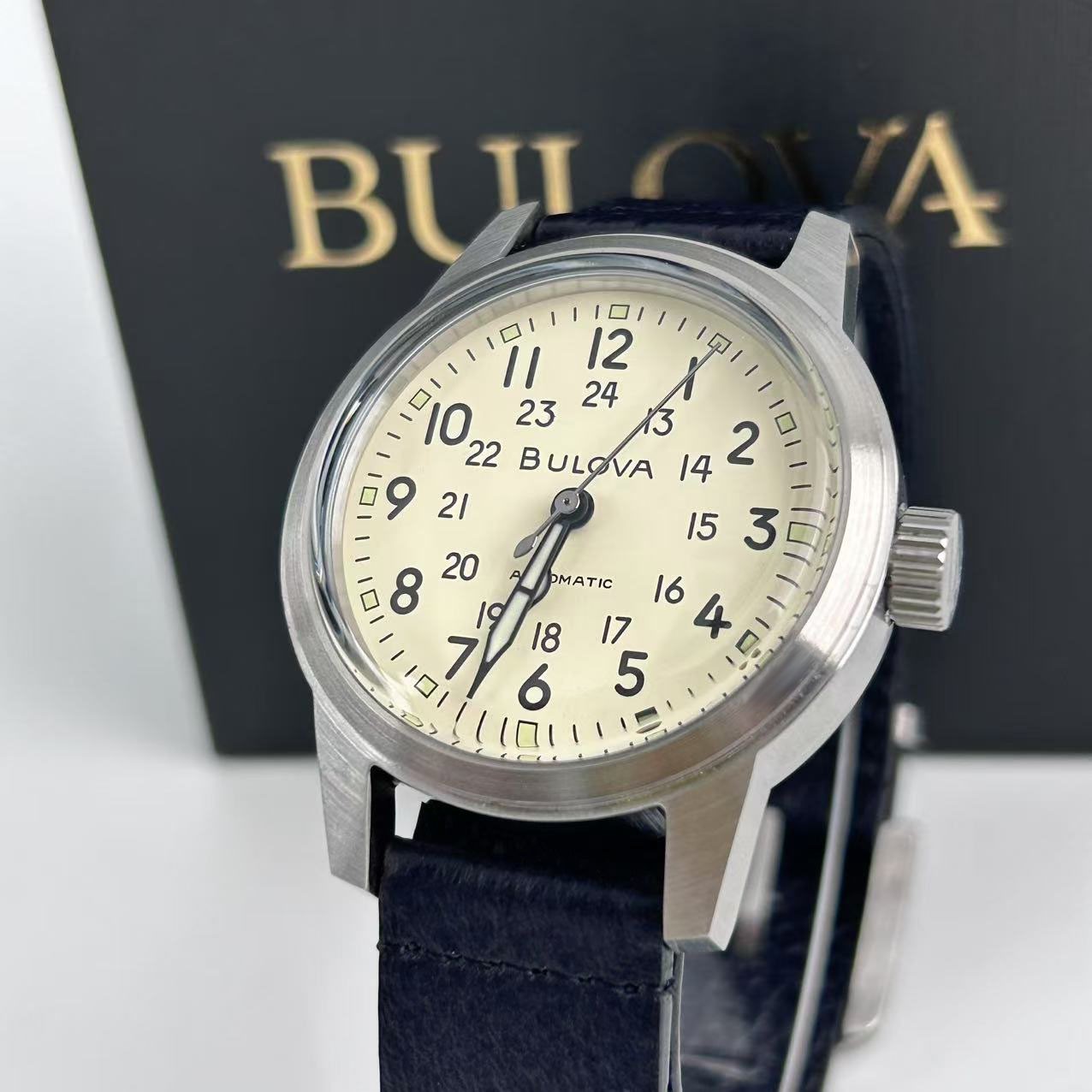 New Bulova Hack 96A246 Men’s Automatic Watch Ivory Dial Black Leather Strap 38mm