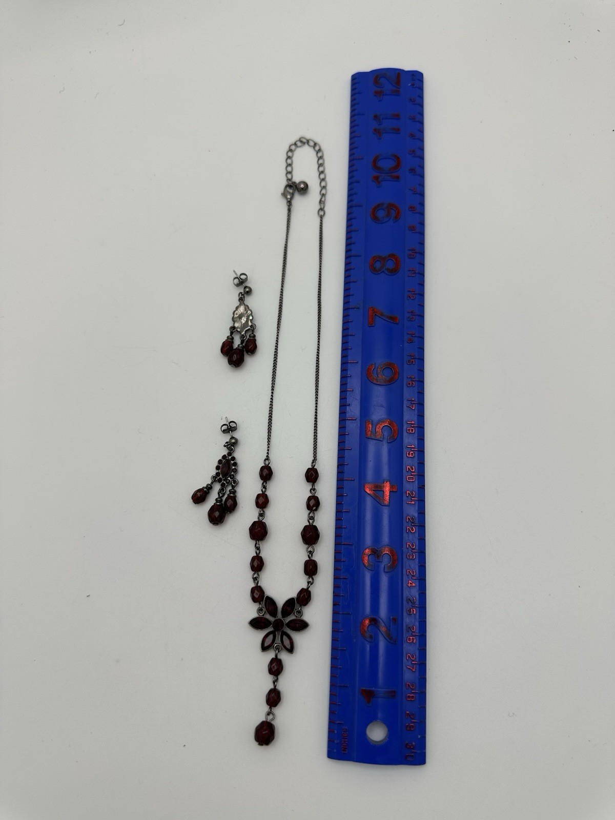 VTG-Inspired Red Burgundy Crystal Dangle Necklace & Pierced Earring Set 15-18”