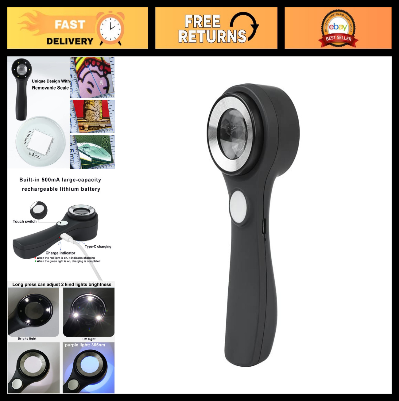 10X Handheld Jewelers Loupe Magnifier with USB Rechargeable Light & Scale, UV/LE