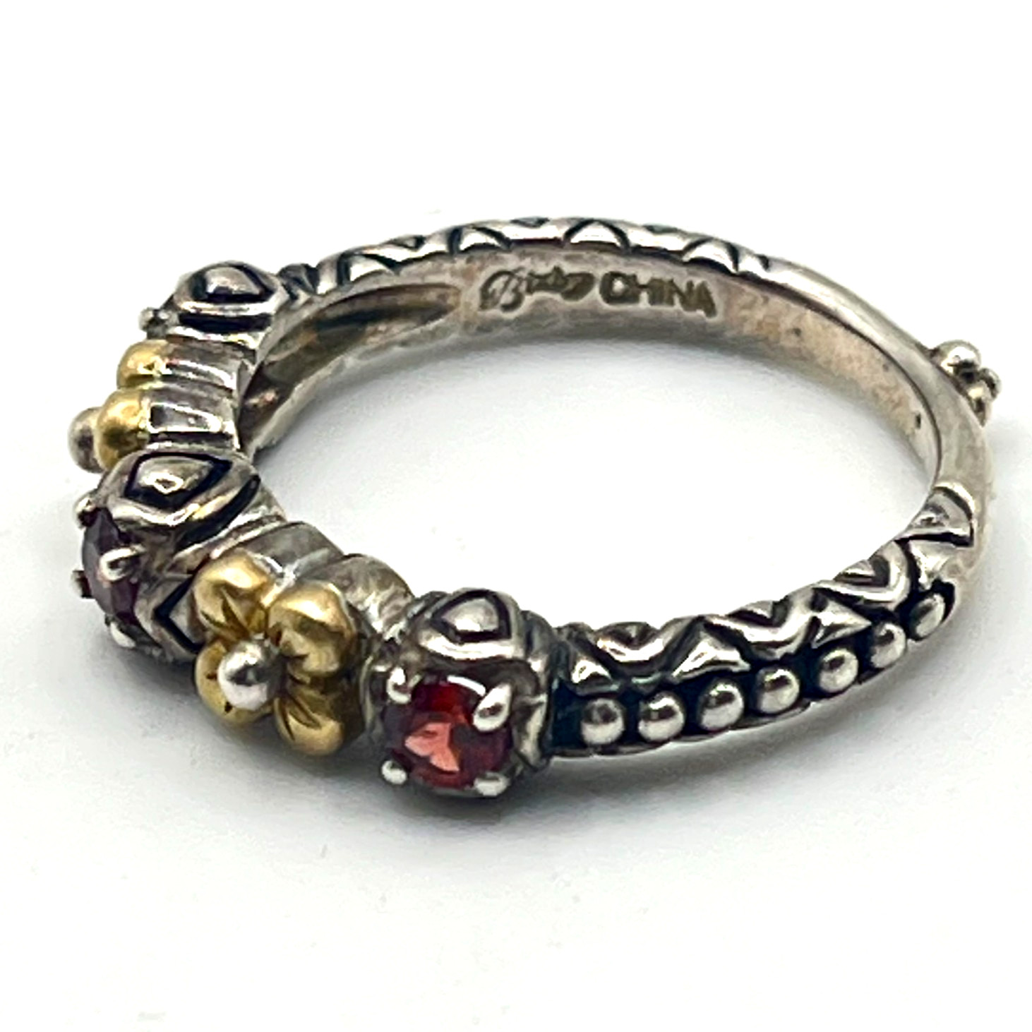 Barbara Bixby Band Ring Sz 8 Garnet and 18k Lotus Flower Accents Sterling 925