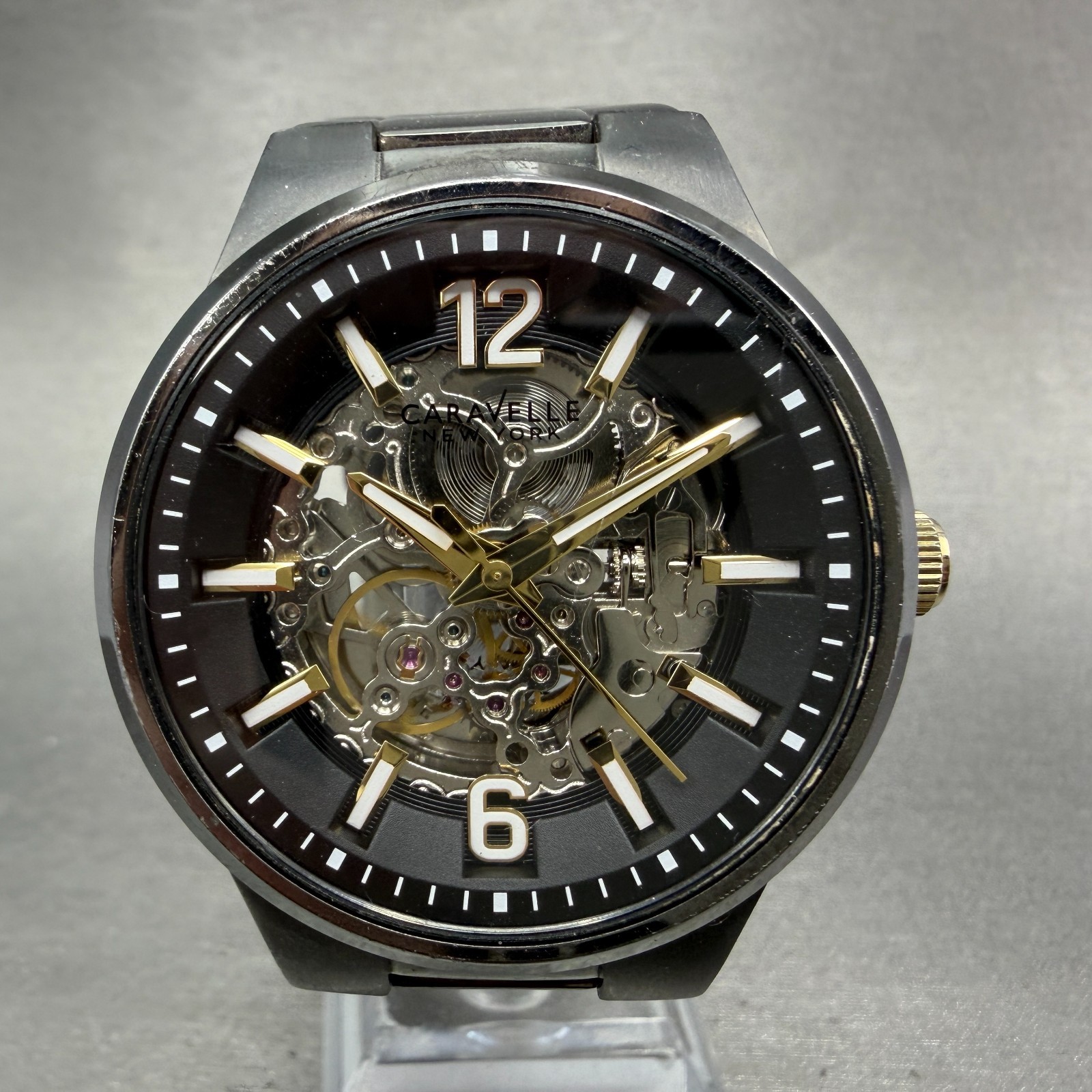 Caravelle New York Skeleton Watch Men 43mm Silver Dial Black Tone Round Runs