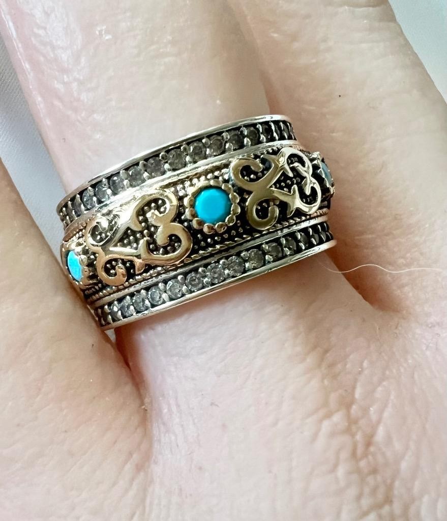 REAL Blue Turquoise & Diamond Solid 14K Y Gold 925 Ring Band Etruscan Rev. SZ 8
