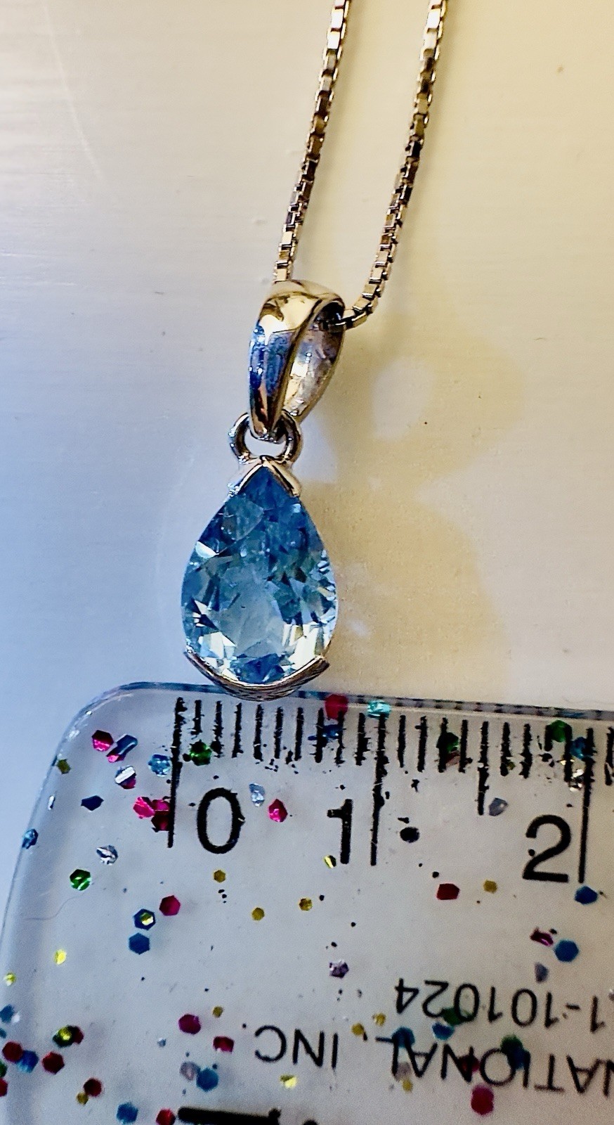 18K White Gold Le Gi Pear Cut Swiss Blue Topaz Pendant On 15.5” Box Chain 4.3g