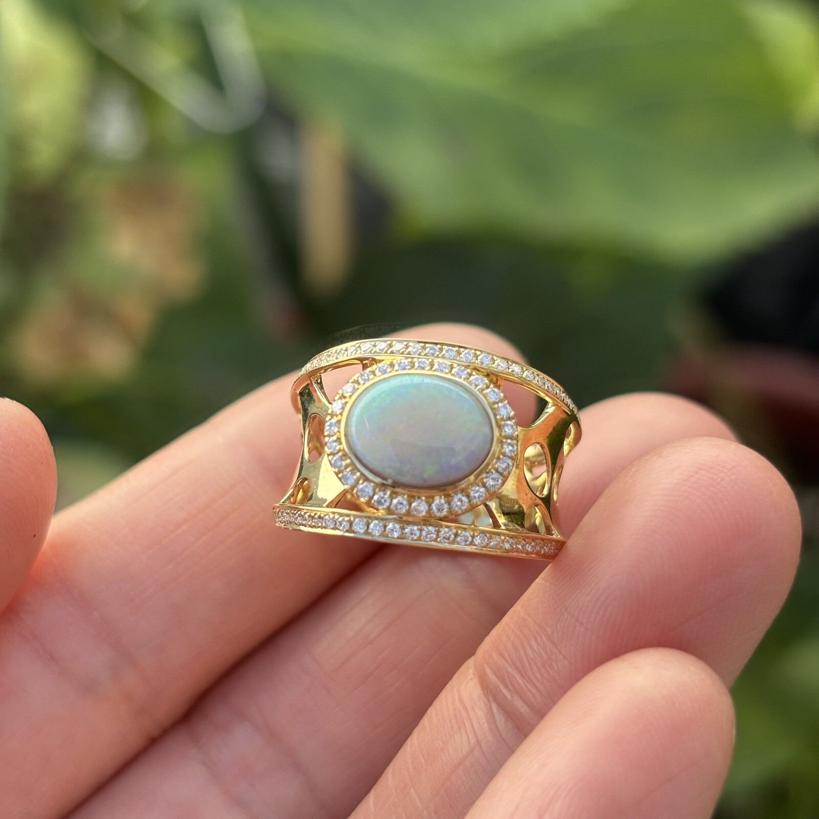 Natural Australia Solid opal w/0.301cts diamond 18K gold ring 29.79cts #O 1/2