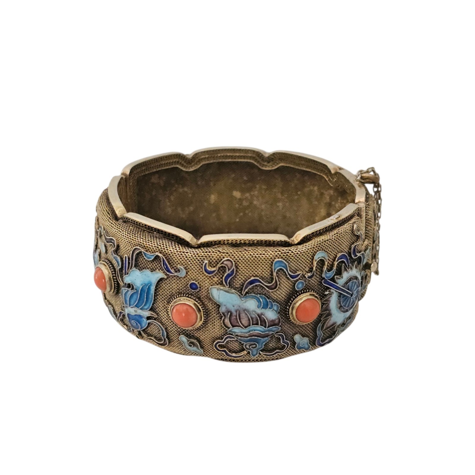 Vintage Chinese Export Bracelet Enamel Gilded Silver Mesh Filigree Coral
