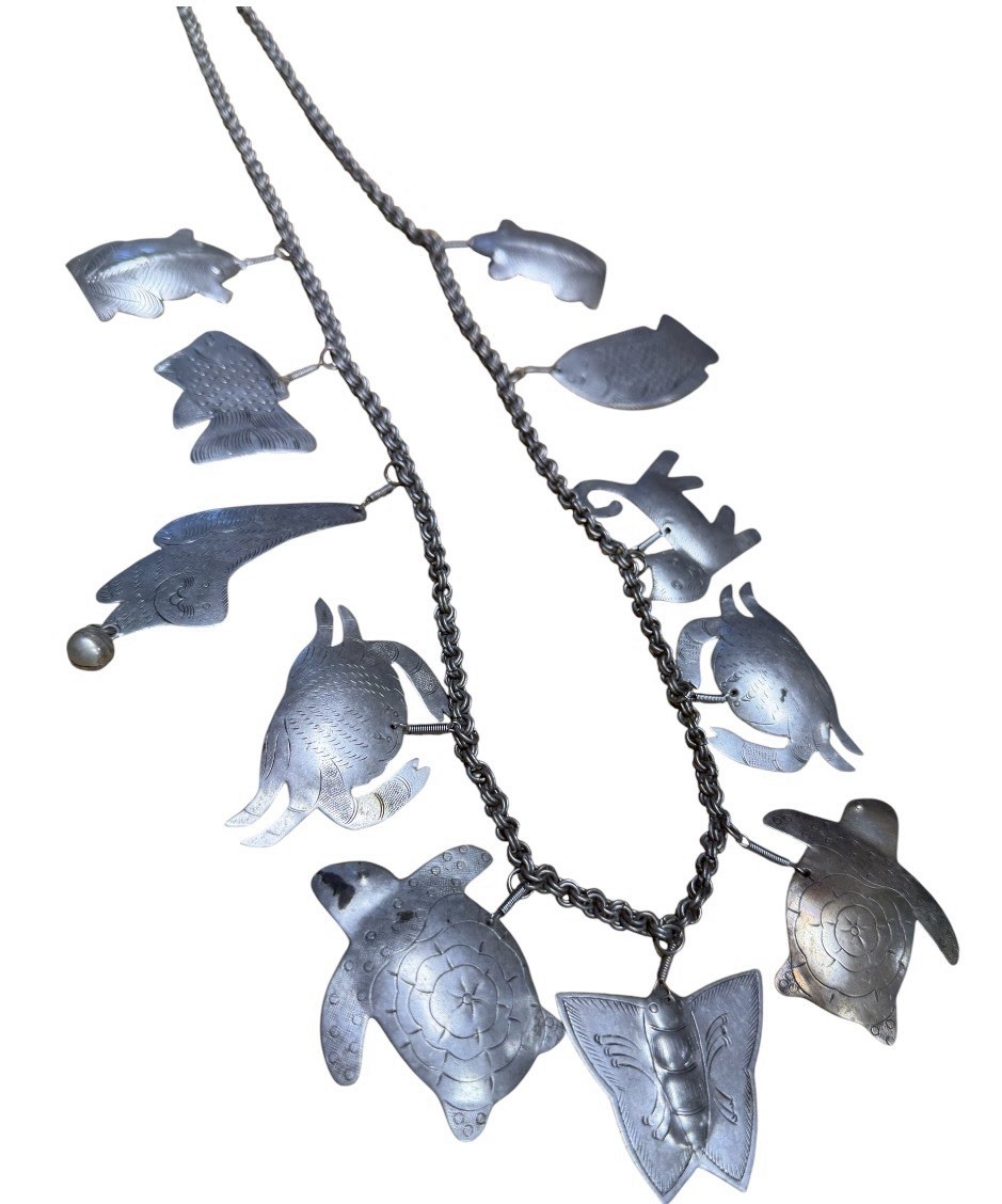 Vtg Thai style silver Necklace Fish, Crab. Cat Motif tribal coastal fun BOHO