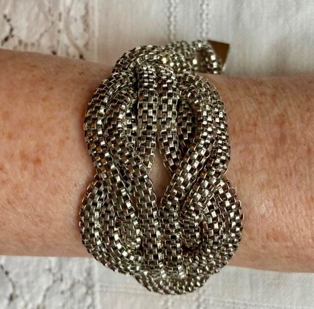 Vintage bracelet, silver tone mesh metal ,knot type design PRICE REDUCED
