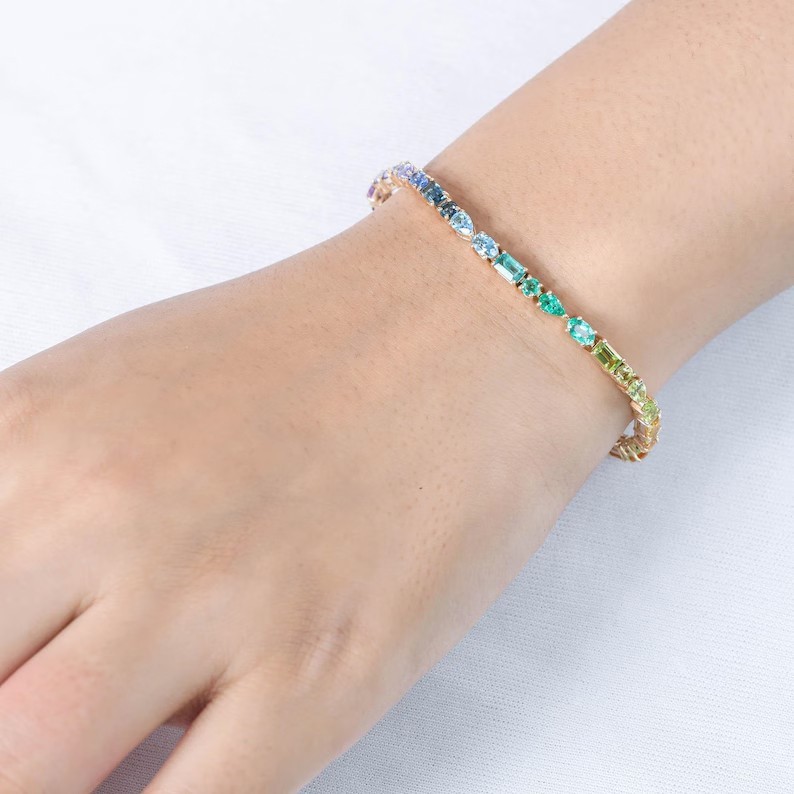 Multi Shape Rainbow Gemstone Tennis Bracelet In 14K Yellow Gold Handmade Jewelry