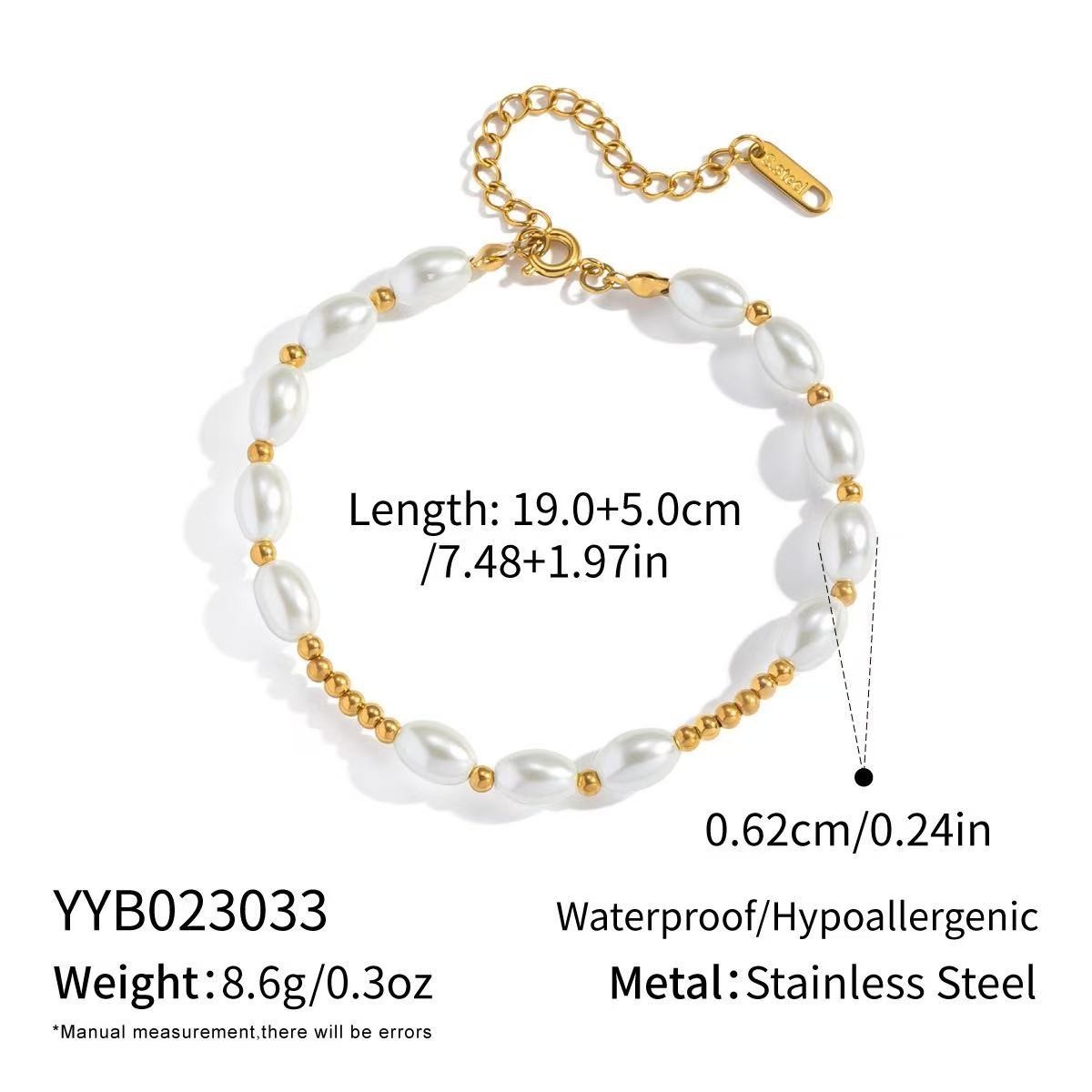Woman 18K Gold Plated Simulated Pearl Beaded Bangle Bracelet Anti-tarnish 9.5in