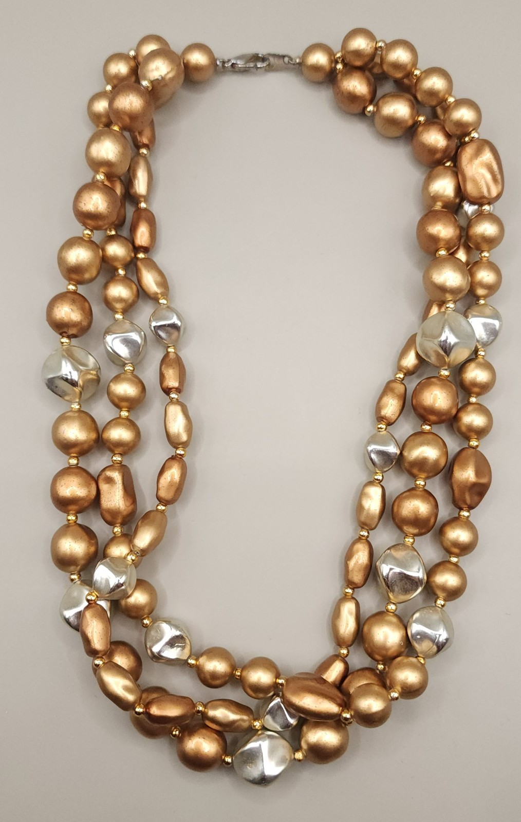 Vintage 70s 80s Boho Chunky Multi Strand Necklace Metallic Gold Silver Bead 18″