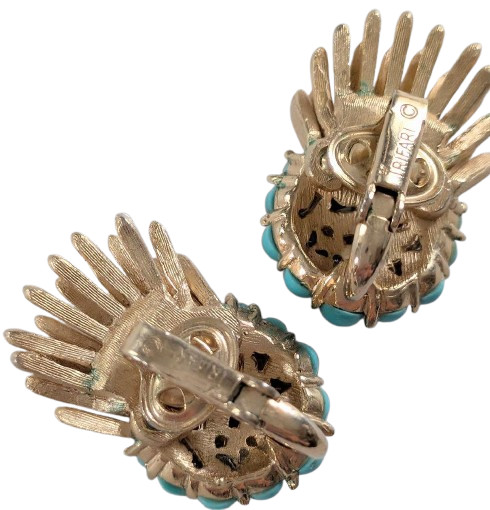 Crown Trifari Vintage Thistle Brooch & Earrings Set Turquoise 2.8in Auth