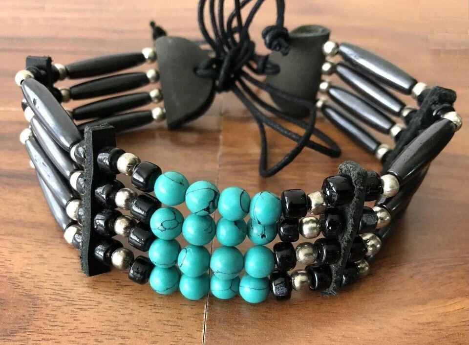 Native American Indian Style Buffalo Bone Choker Bead Brown Turquoise Necklace