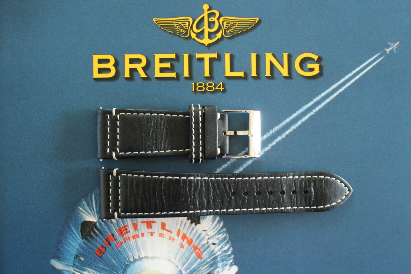 BREITLING 548X 24-20 BLACK AVIATOR TONGUE CALF BUCKLE WATCH BAND WATCHBAND STRAP