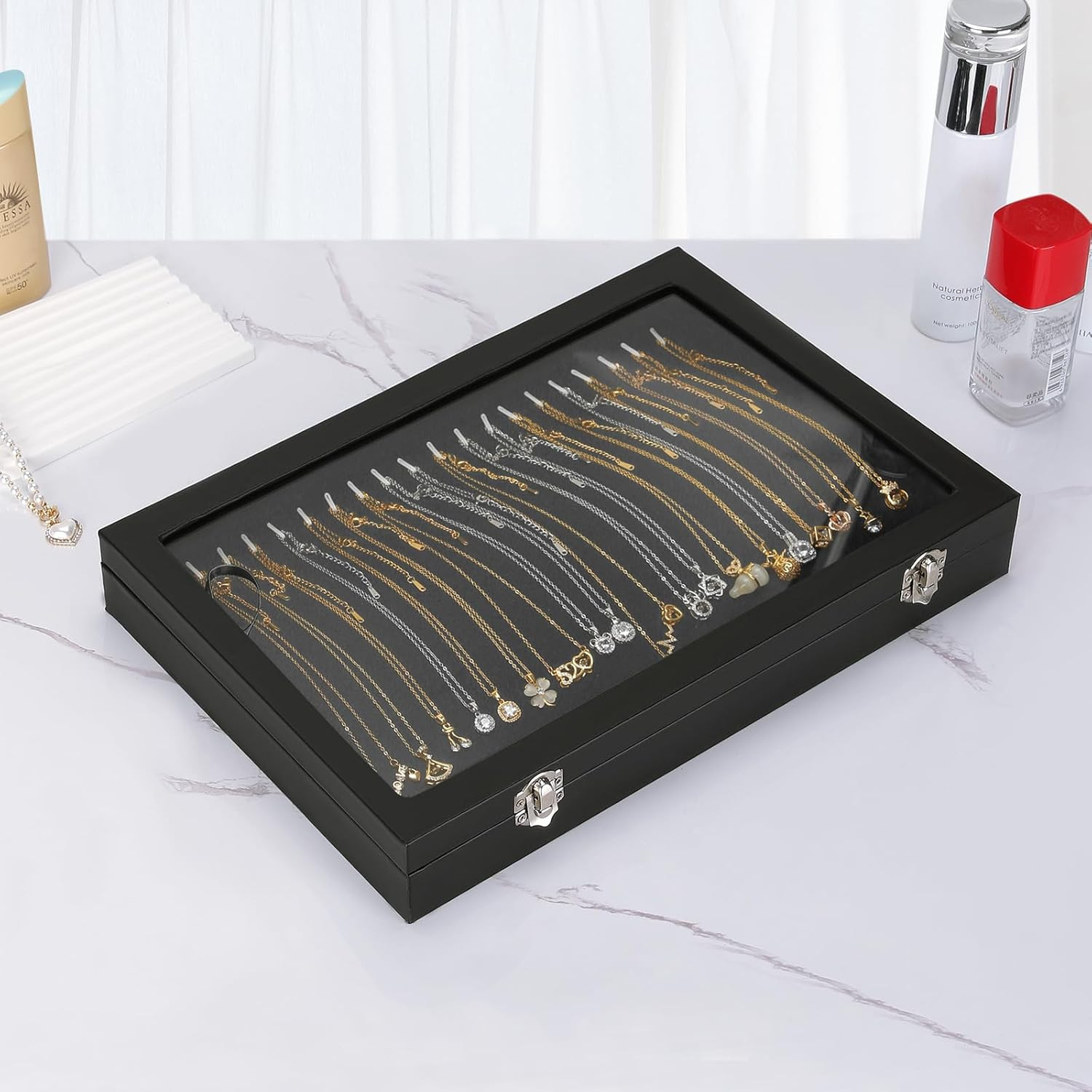 Necklace Organizer Box, 20 Hooks Jewelry Pendant Display Tray with Clear Lid for