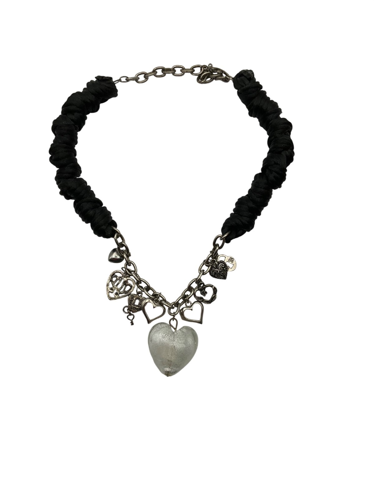 Y2K Artisan Handcrafted Chunky Heart Charms Glass Necklace Goth Whimsical
