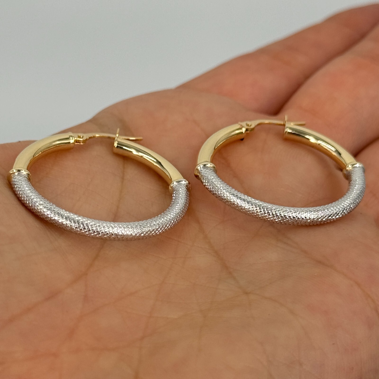 Italian 14k Yellow & White Gold Waffle Texure & Shine Hollow Hoop Earrings 1.2″