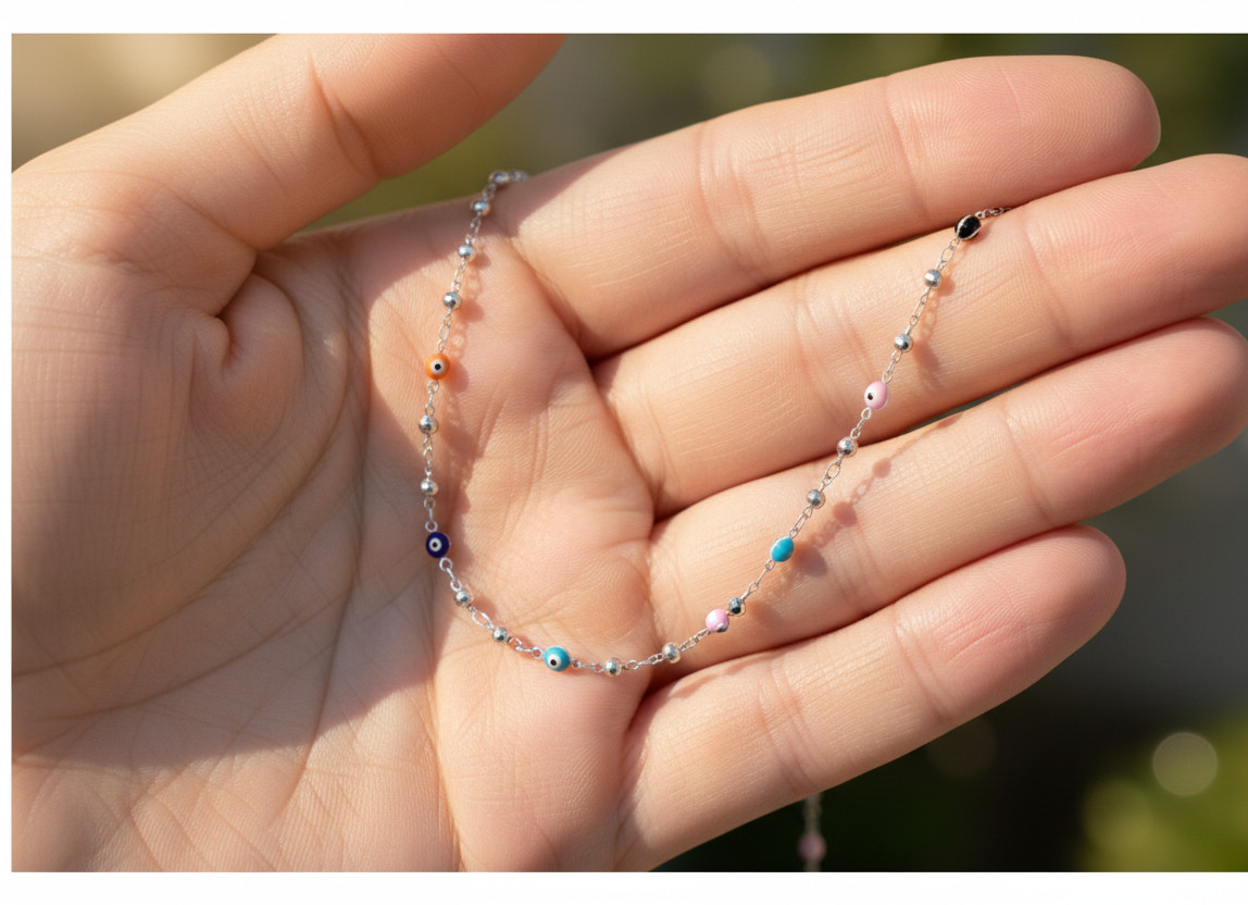 Elegant Brass Anklet | 925 Silver Plated Multi-Color Evil Eye Beaded Charm